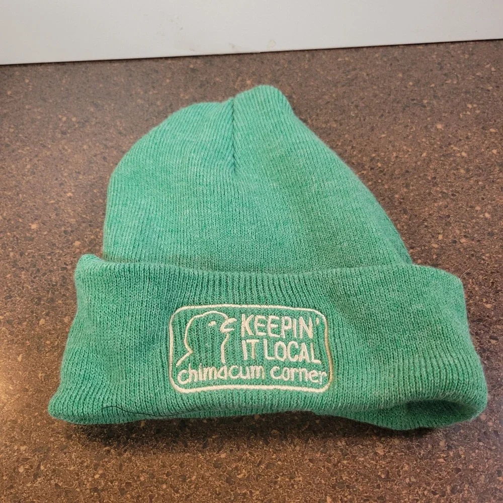 Keepin' It Local Beanie Hat Womens Green Embroidered Knitted Cuffed Warm Cozy